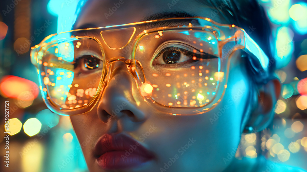 Closeup of woman wearing smart futuristic technology glasses, augmented business communication, businesswoman lady job work innovation, fashion style eyewear Closeup of woman wearing smart futuristic technology glasses, augmented business communication, businesswoman lady job work innovation, fashion style eyewear