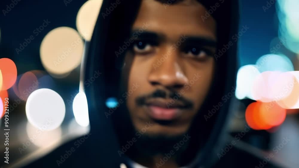 A young man in his late 20s wearing a hoodie and staring directly at the camera with the blurred lights of the city streets at night behind him. A young man in his late 20s wearing a hoodie and staring directly at the camera with the blurred lights of the city streets at night behind him.