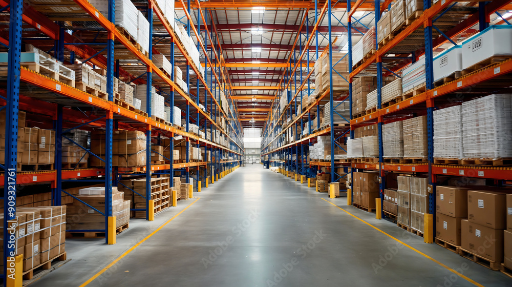 Nobody in a warehouse storage room interior full of boxes and packages, goods commercial supply and distribution indoors, factory stock products shelves and pallets. Large inventory with racks Nobody in a warehouse storage room interior full of boxes and packages, goods commercial supply and distribution indoors, factory stock products shelves and pallets. Large inventory with racks