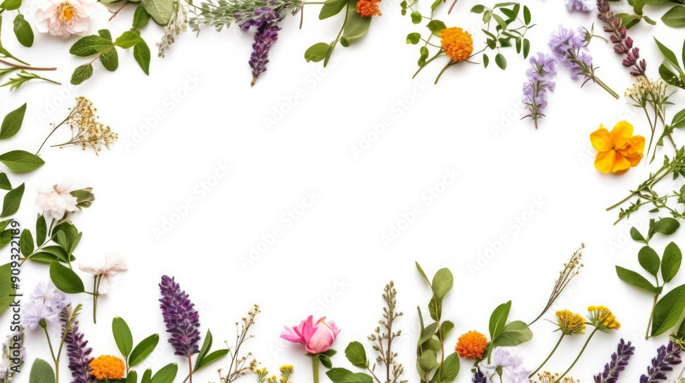 Fototapeta premium A white background with a variety of flowers and plants.
