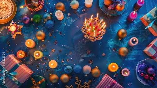 Hanukkah celebration view from above with menorah presents and dreidel photo