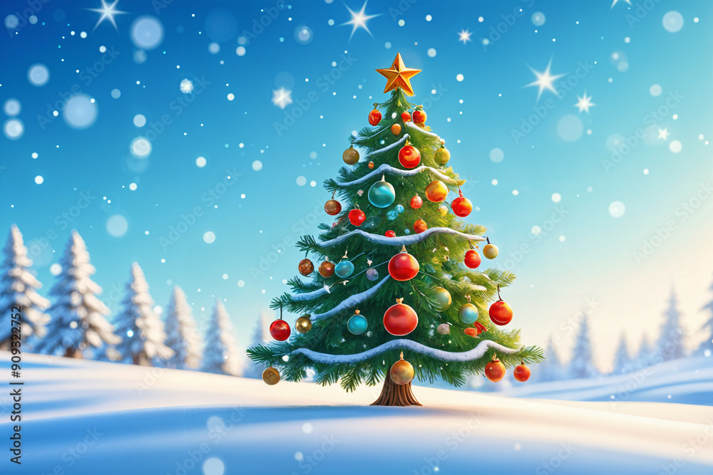Vibrant, festive Christmas tree with red and gold ornaments set against a snowy landscape under a clear blue sky dotted with stars. Vibrant, festive Christmas tree with red and gold ornaments set against a snowy landscape under a clear blue sky dotted with stars.
