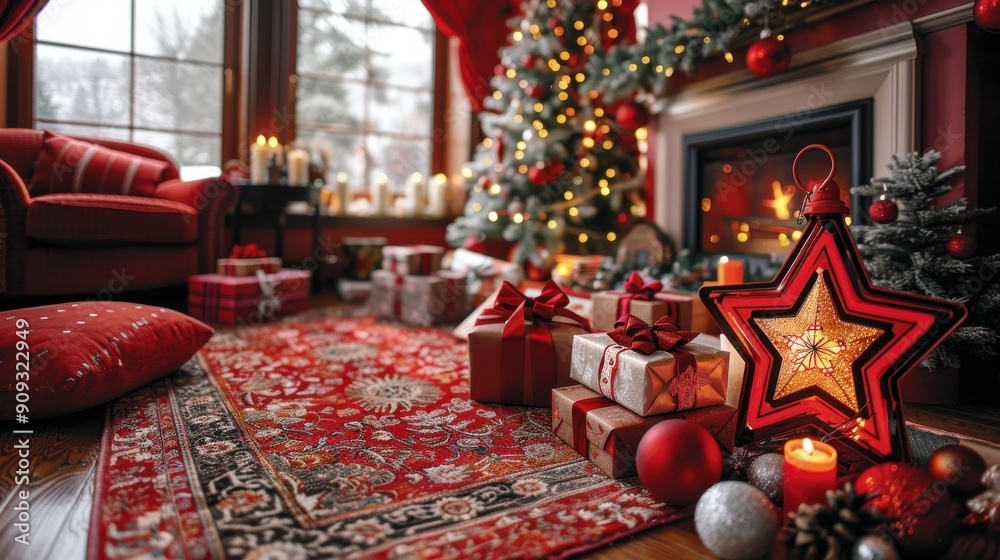 Cozy Christmas Living Room with Decorated Tree, Gifts, Candlelight, and Festive Ambiance by the Fireplace on a Snowy Winter Day Cozy Christmas Living Room with Decorated Tree, Gifts, Candlelight, and Festive Ambiance by the Fireplace on a Snowy Winter Day