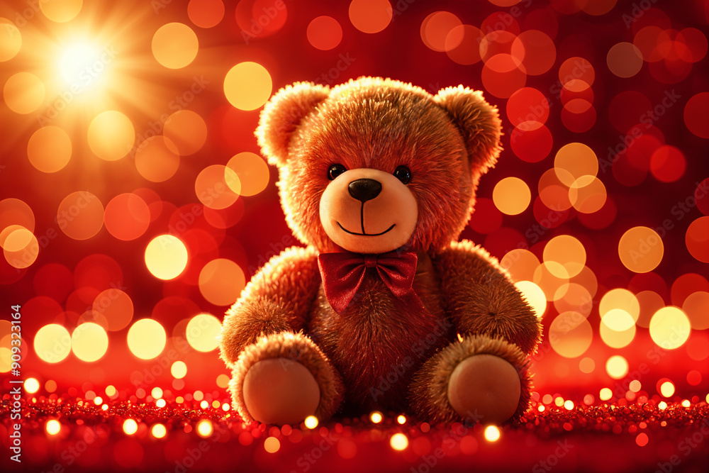 Cute, plush teddy bear with a red bow around its neck sitting on a surface covered with red glitter or confetti, creating a festive and warm atmosphere. Cute, plush teddy bear with a red bow around its neck sitting on a surface covered with red glitter or confetti, creating a festive and warm atmosphere.