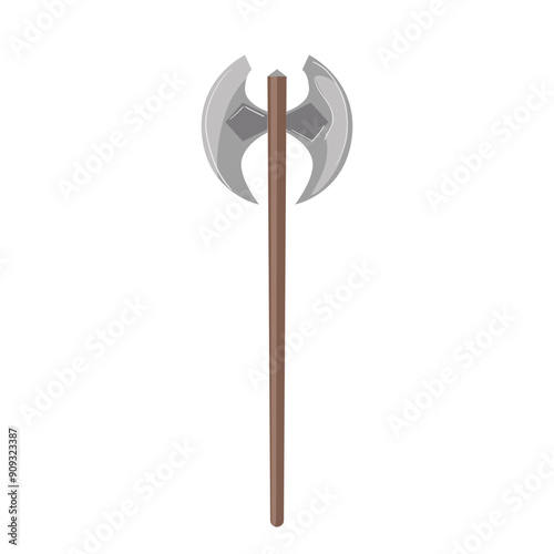 Double battle axe with long wooden handle medieval cold weapon isolated on white background