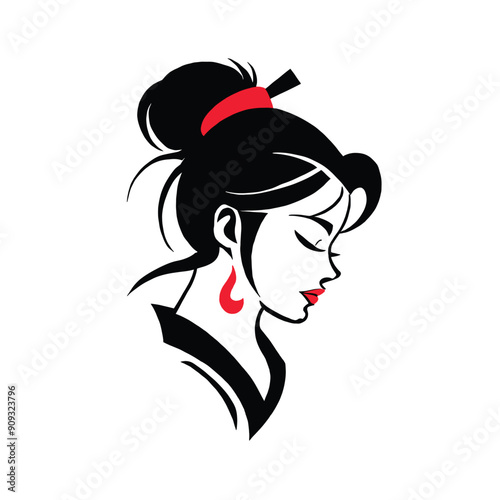 Vector logo design of geisha portrait with black and red lines