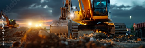 Heavy Machinery at Sunset: A powerful excavator stands silhouetted against a dramatic sunset,  a testament to the tireless work of construction, engineering, and infrastructure development. The golden photo