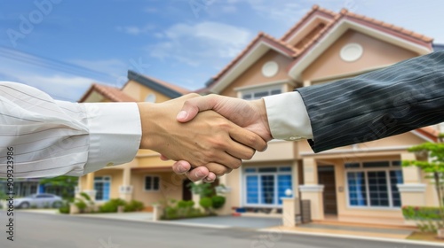 a couple shaking hands with a real estate agent in front of a house, successful deal