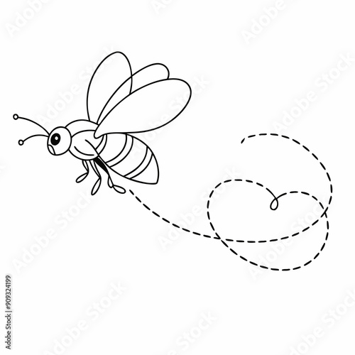Line art drawing of a flying bee with a dashed flight path 