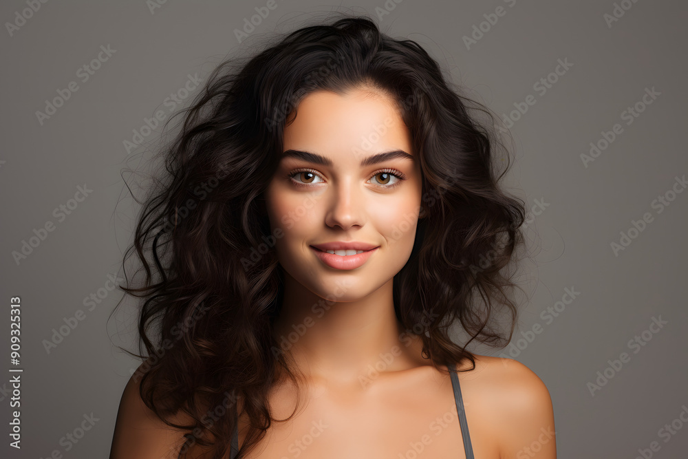 beautiful female model smiling looking into the camera on grey background, portrait of a woman beautiful female model smiling looking into the camera on grey background, portrait of a woman