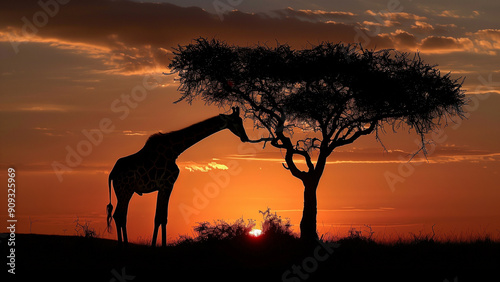 Giraffe Feeding at Sunset