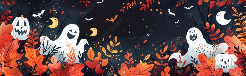 a painting of a halloween scene with ghost and pumpkins in the woods with bats flying overhead a painting of a halloween scene with ghost and pumpkins in the woods with bats flying overhead
