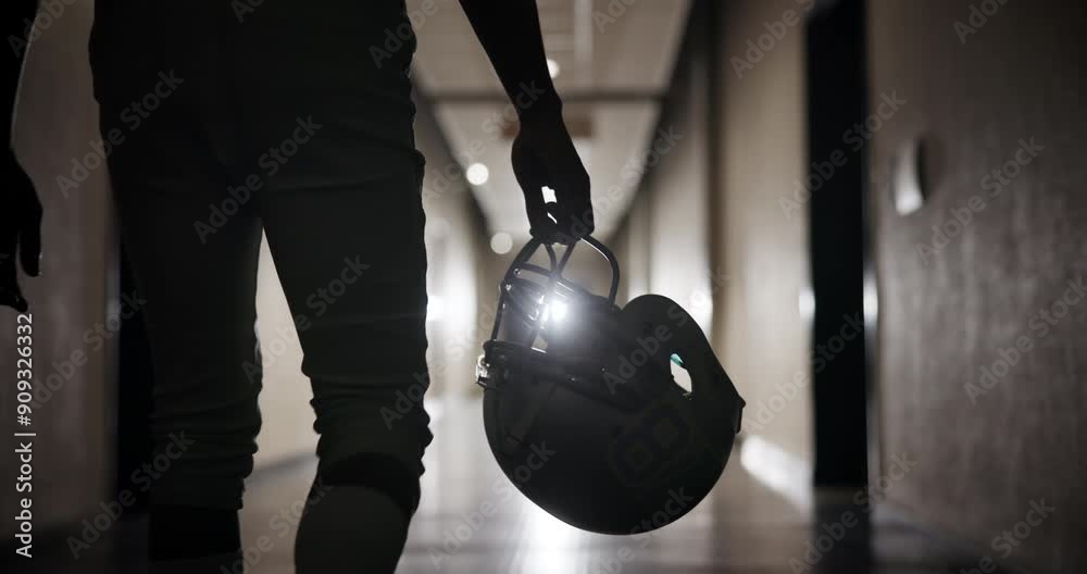 Football player, helmet and walking through tunnel in stadium for tournament, match day and competition. American contact sport, person and professional athlete in gridiron corridor after half time