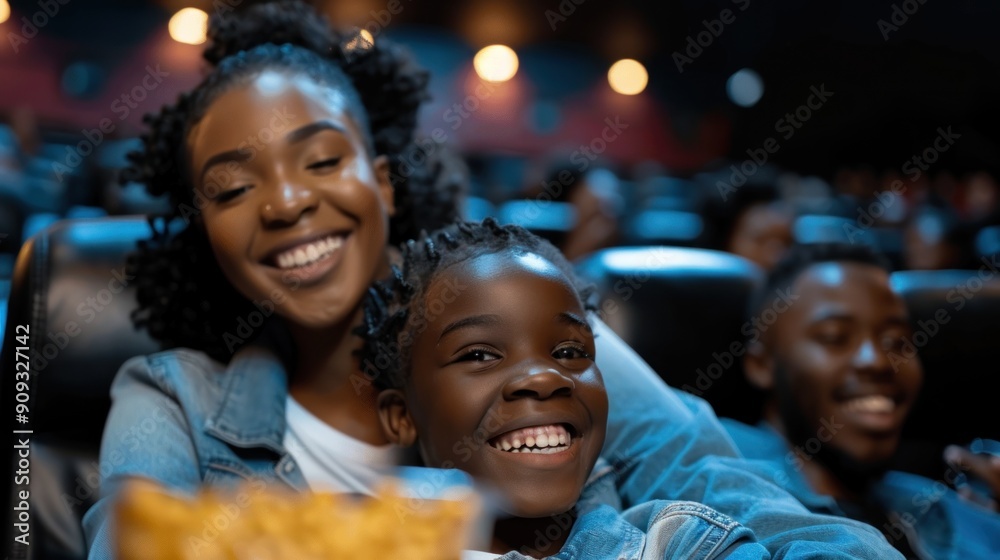 a family in a small, intimate cinema, smiling and having fun, surrounded by friends a family in a small, intimate cinema, smiling and having fun, surrounded by friends