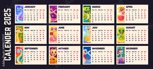 Colorful Snake wall calendar 2025. Cute set with Monthly Calendars pages in horizontal view and different snakes for printing or for planner design. Vector cartoon template illustration