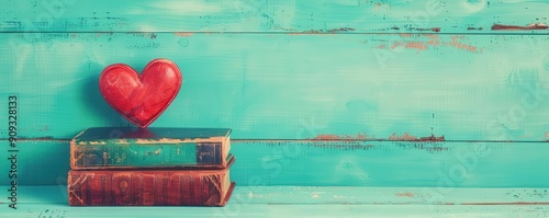 A red heart sculpture placed on vintage books, with a turquoise wooden background, symbolizing love for literature.