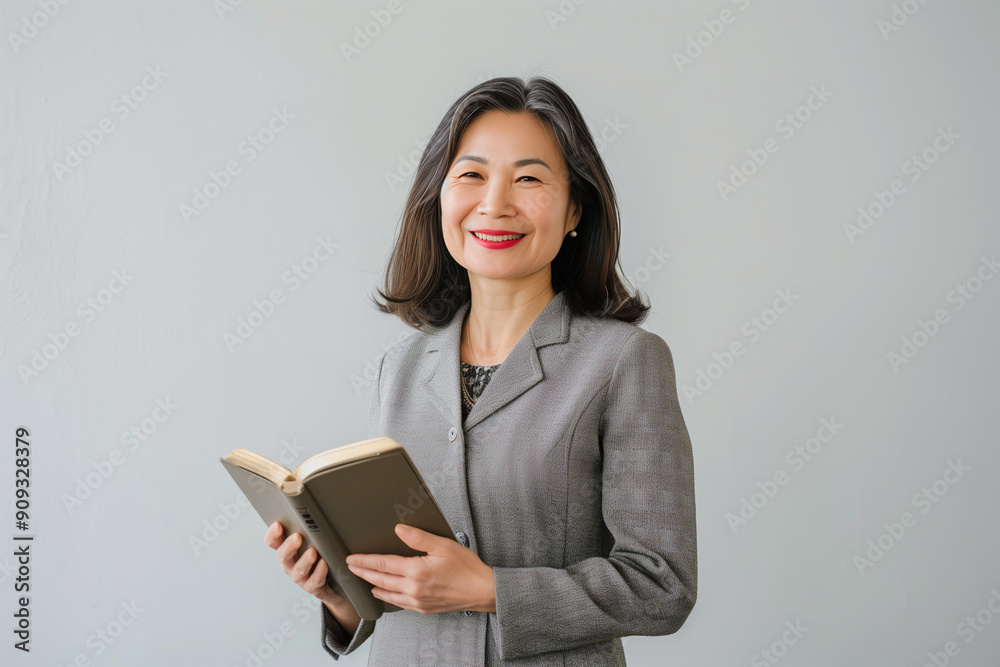 A confident middle-aged Asian woman, dressed in a professional grey suit, holding a book and smiling warmly, standing against a neutral background A confident middle-aged Asian woman, dressed in a professional grey suit, holding a book and smiling warmly, standing against a neutral background