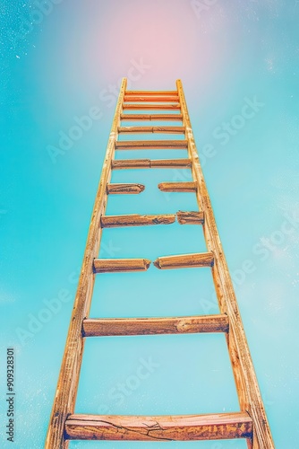 An upward view of a rustic wooden ladder extending towards a bright, clear sky, symbolizing ambition and growth and missing rungs, illustrating hindered progress