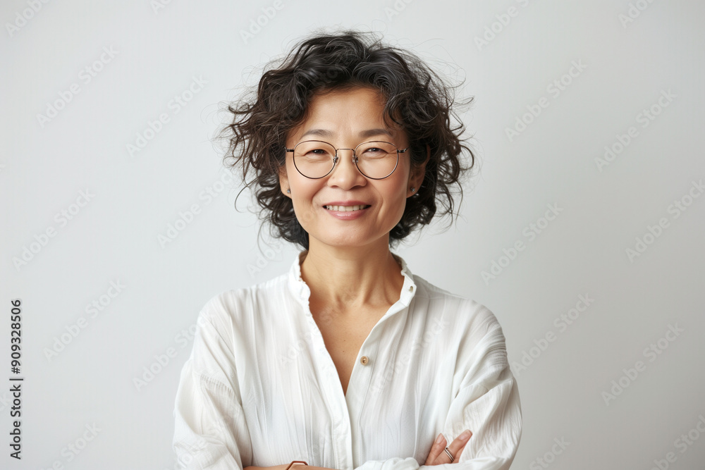 A high-resolution photo of a confident middle-aged Asian woman with curly dark hair, wearing a white blouse, standing with arms crossed against a plain white background, smiling A high-resolution photo of a confident middle-aged Asian woman with curly dark hair, wearing a white blouse, standing with arms crossed against a plain white background, smiling