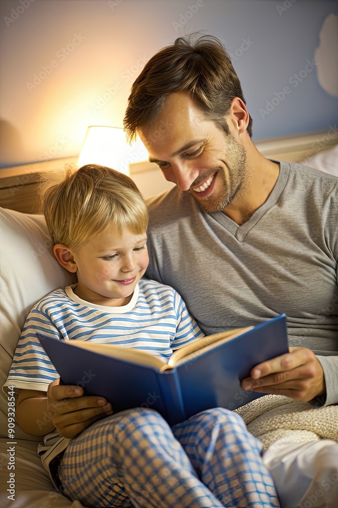 Before go to night or daytime sleep father reading to son fairytale, kid enjoy storytelling lying with daddy in bed feels comfortable, good pastime develop reader skill, have fun at home concept Before go to night or daytime sleep father reading to son fairytale, kid enjoy storytelling lying with daddy in bed feels comfortable, good pastime develop reader skill, have fun at home concept