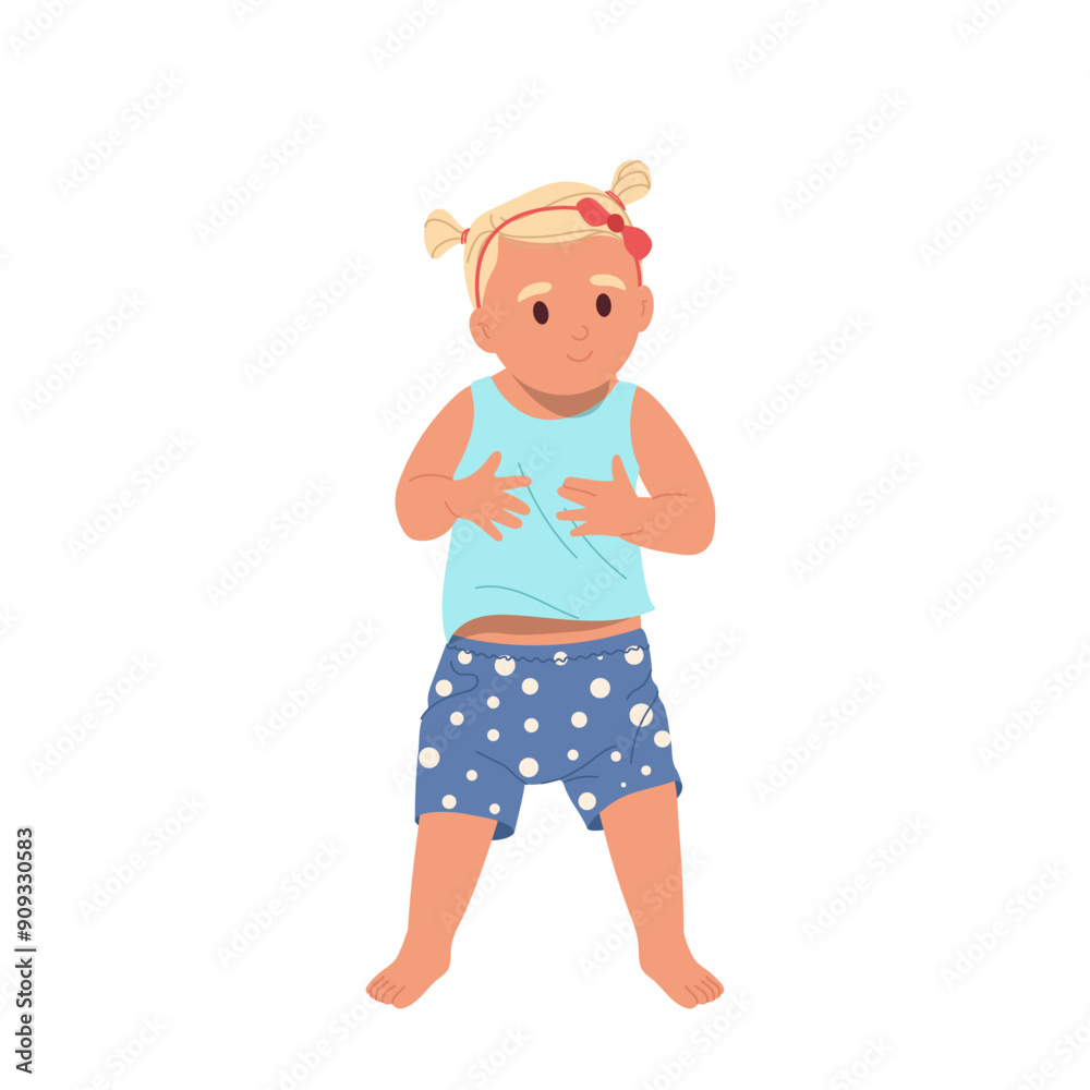 Beautiful little baby girl cartoon character beginning to walk taking her first confident steps Beautiful little baby girl cartoon character beginning to walk taking her first confident steps