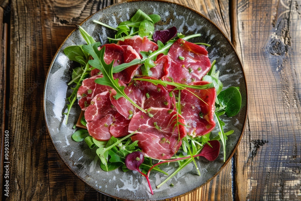 Chef is placing slices of marbled beef carpaccio with fresh arugula and dressing on plate Chef is placing slices of marbled beef carpaccio with fresh arugula and dressing on plate