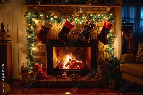 cozy fireplace adorned with festive christmas decorations warm glow stockings garlands and twinkling lights create an inviting holiday atmosphere