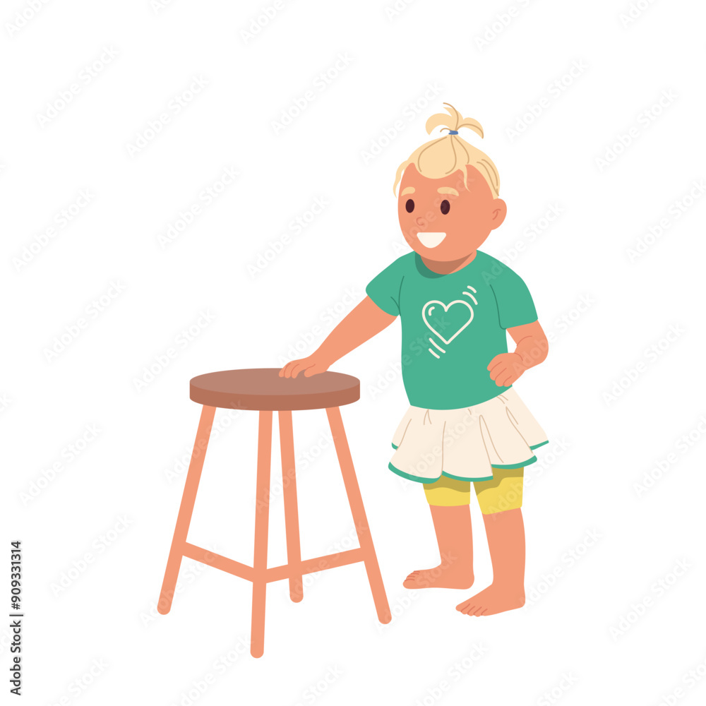 Happy smiling little infant baby girl cartoon character standing nearby chair isolated on white Happy smiling little infant baby girl cartoon character standing nearby chair isolated on white