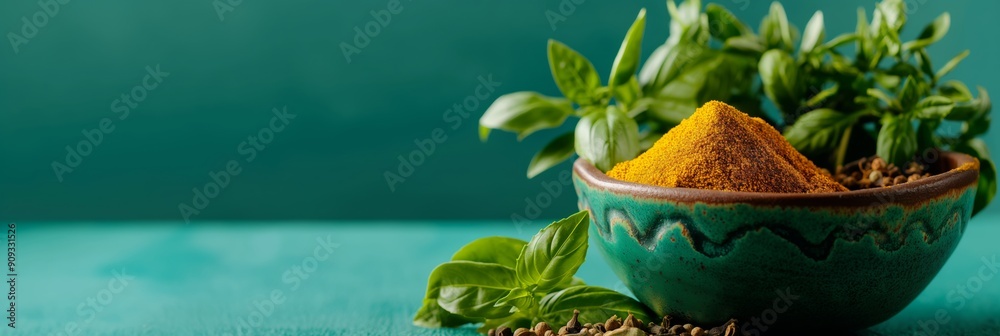 Φωτογραφία Turmeric Powder with Fresh Herbs: A vibrant bowl of turmeric powder sits nestled among fresh herbs, showcasing a captivating blend of golden spice and verdant greenery against a teal backdrop