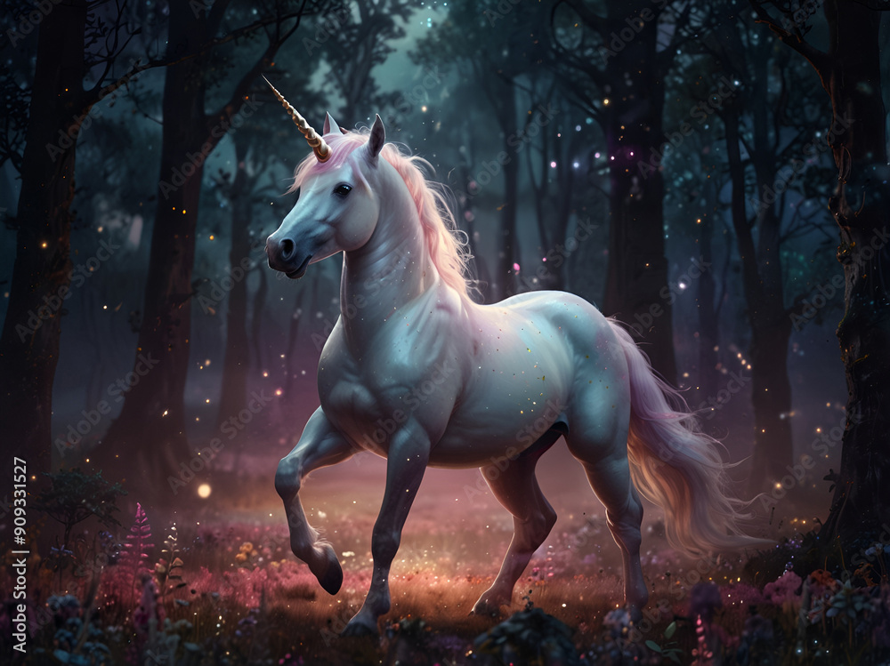Magical unicorn with pastel mane in an enchanting, glowing forest. Magical unicorn with pastel mane in an enchanting, glowing forest.