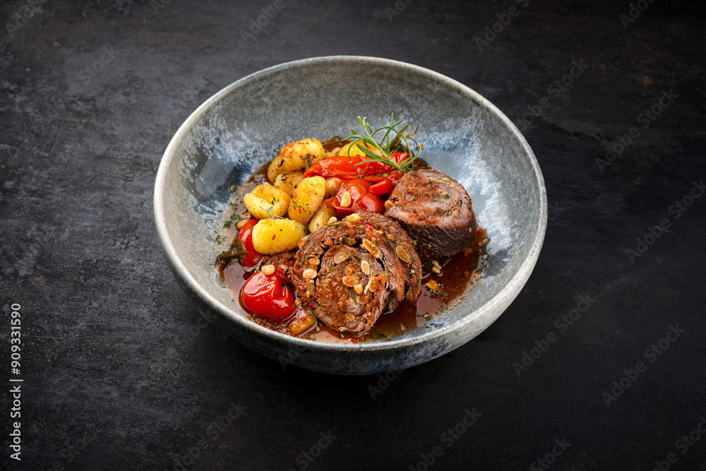 Traditional slow cooked German wagyu beef roulades with vegetable and gnocchi served in spicy red wine sauce as close-up in a Nordic design plate with copy space Traditional slow cooked German wagyu beef roulades with vegetable and gnocchi served in spicy red wine sauce as close-up in a Nordic design plate with copy space