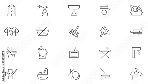 Hygiene line icon set. Cleaning, disinfection, soap, bathing, sweeping, shower, disinfecting, washing, sweeping, shower, respiratory mask, antiseptic outline icon collection. UI thin line icon set.