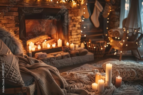 cozy winter scene with warm fireplace twinkling lights and soft textures inviting atmosphere perfect for christmas relaxation