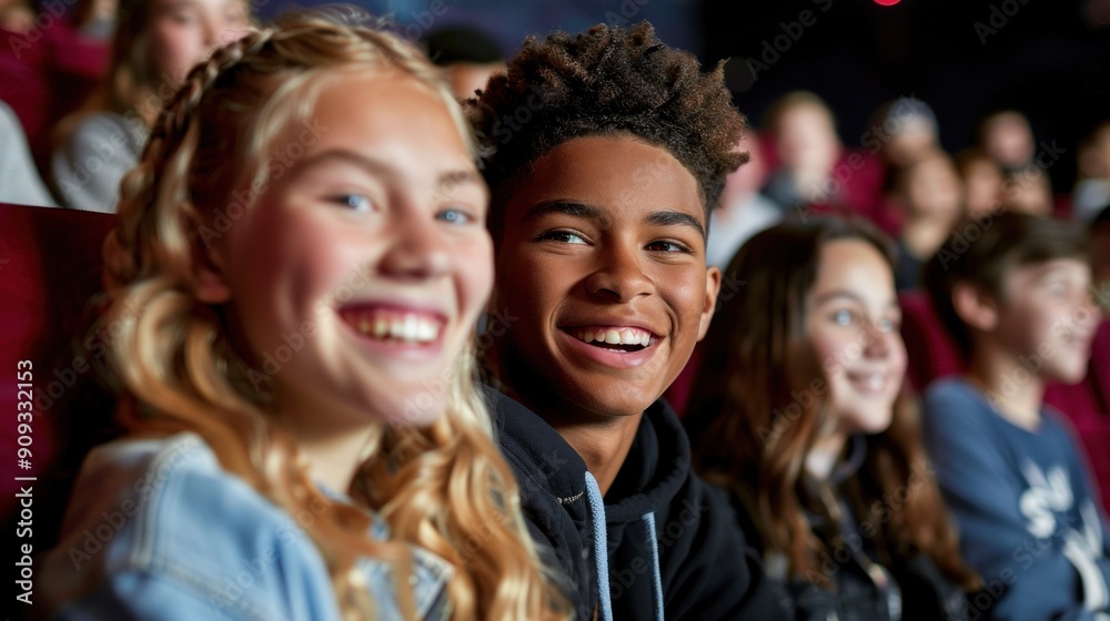 a group of teenagers in a recliner theater, their comfortable and joyful expressions captured a group of teenagers in a recliner theater, their comfortable and joyful expressions captured