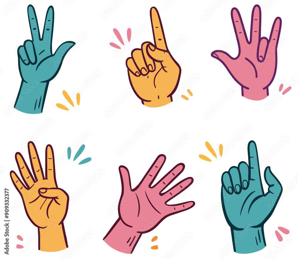Hand drawn hands showing different gestures. Concept of communication and expressions. Cartoon vector illustration Hand drawn hands showing different gestures. Concept of communication and expressions. Cartoon vector illustration