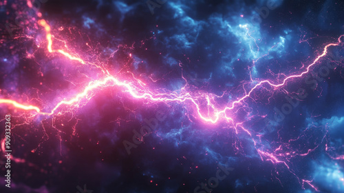 Realistic lightning thunderbolt striking against a short circuit, with plasma and sparks flying after two electrical discharges clash. The scene features bright flashes of light and flaming particles,