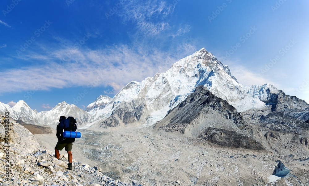 Hiker on morraine of Khumbu glacier and mount Nuptse Hiker on morraine of Khumbu glacier and mount Nuptse