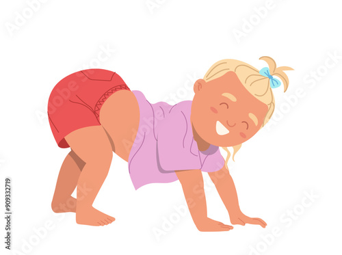 Happy smiling little infant baby girl cartoon character crawling trying stand up isolated on white