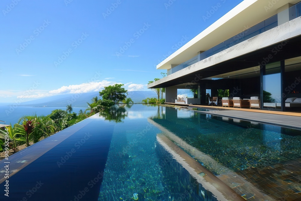 Fototapeta premium contemporary tropical villa with angular geometric design infinity pool merging with ocean view lush landscaping and sleek materials