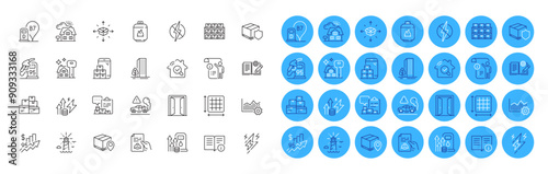 Inventory report, Open door and Technical documentation line icons pack. Fuel price, Delivery insurance, Gas cylinder web icon. Parcel tracking, Lighthouse, Wholesale goods pictogram. Vector