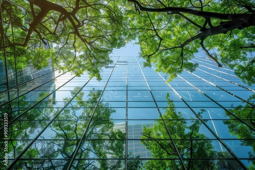 corporate glass building reflecting lush green trees symbolizing esg principles sustainable architecture urban ecofriendly design #909333519