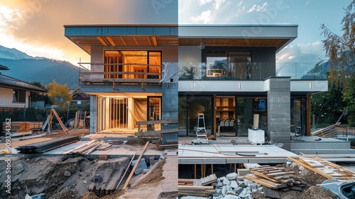 Modern Home Construction Progress at Dusk in a Mountainous Residential Area
