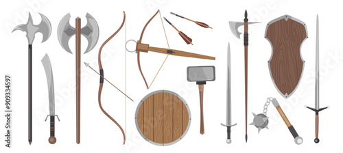 Set of authentic medieval weapons for historic warriors and knights cartoon vector illustration