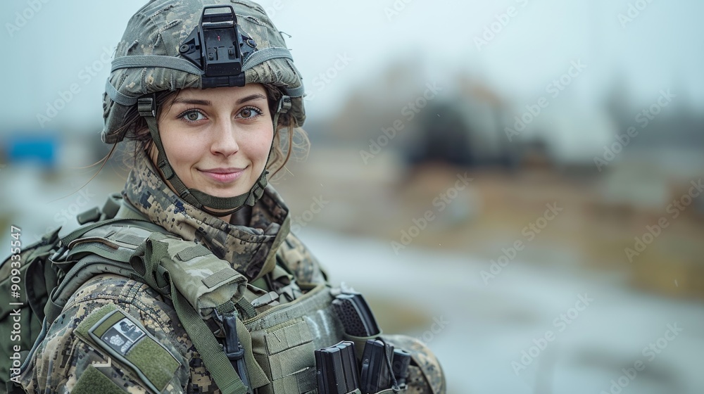 Female Soldier Standing Alert in Military Gear on Foggy Day Outdoors Female Soldier Standing Alert in Military Gear on Foggy Day Outdoors