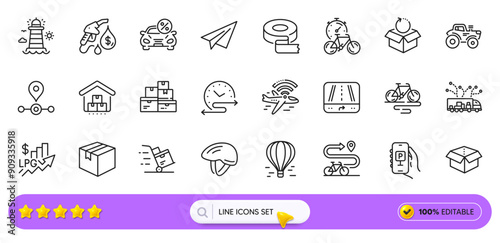 Storage, Airplane wifi and Parcel line icons for web app. Pack of Truck delivery, Air balloon, Delivery cart pictogram icons. Bike, Lighthouse, Wholesale goods signs. Bicycle helmet. Vector