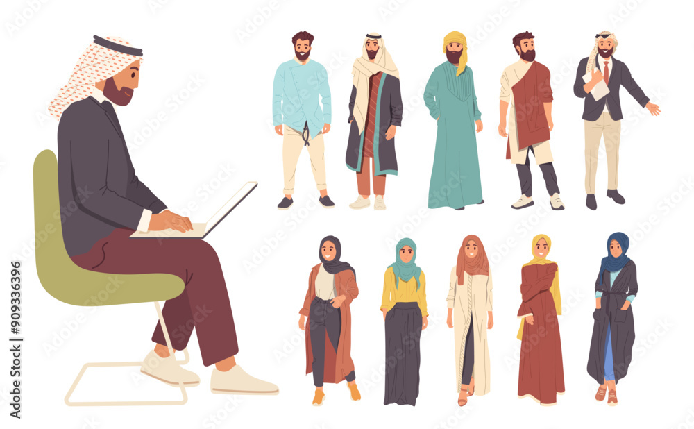 Φωτογραφία Young arabic men and women cartoon characters wearing trendy fashion cloths in t