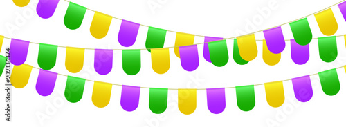 Bunting flags, carnival party flags, Mardi Gras festive pennants hanging on a rope. Festival vector decoration.