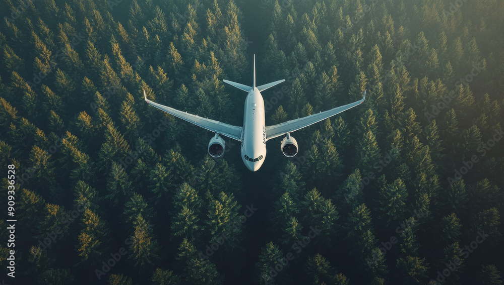 Fototapeta premium A white passenger plane flies over the forest, creating an aerial view of nature and the tall trees below. The airplane is seen from above in flight against the backdrop of green vegetation. 