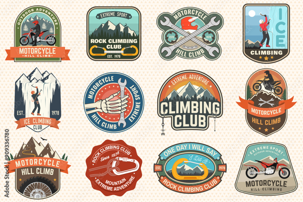 Naklejka premium Set of motorcycle hill climb logos, badges, stickers. Vector. Extreme sport with motorbike for extreme jump and race in mountains