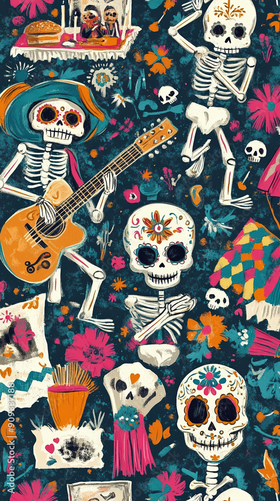Día de Muertos social media background with festive skeletons and colorful elements. Día de Muertos social media background with festive skeletons and colorful elements.